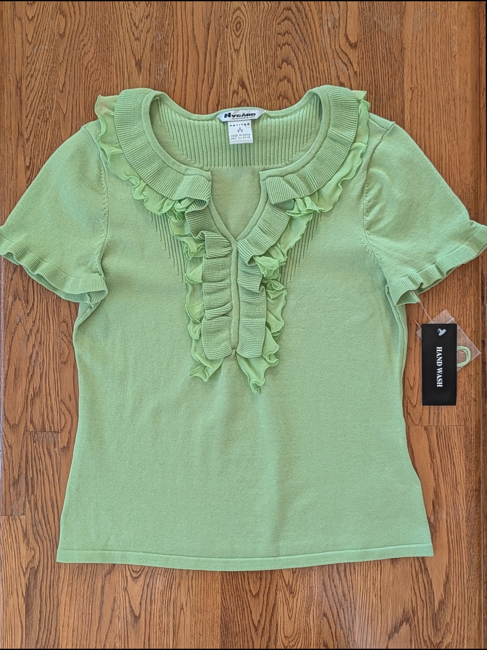 Y2K Lime Green Chartreuse Silk Blend Ruffle Knit Top Nygard Collection Petites